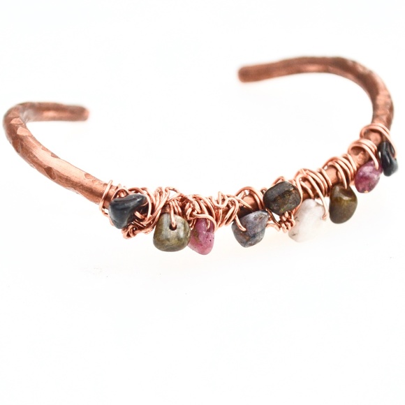 Pink Black Green Tourmaline Copper Cuff Bracelet - Picture 2 of 9
